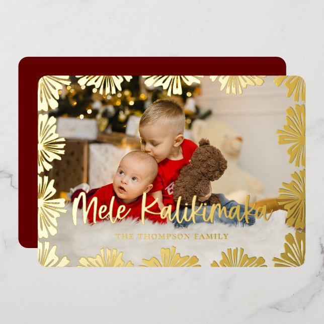 Stamped Floral Frame Photo Foil Holiday Card (Front/Back)