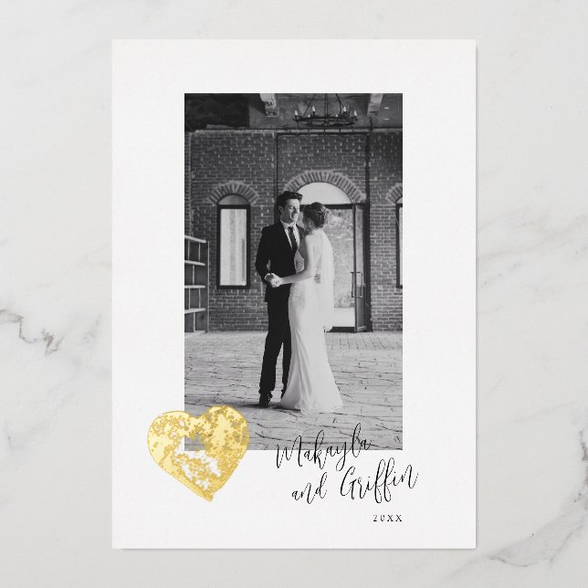 Stamped Heart in Gold with Wedding Photo Thank You (Front)