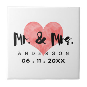 Stamped Heart Mr & Mrs Wedding Date Tile