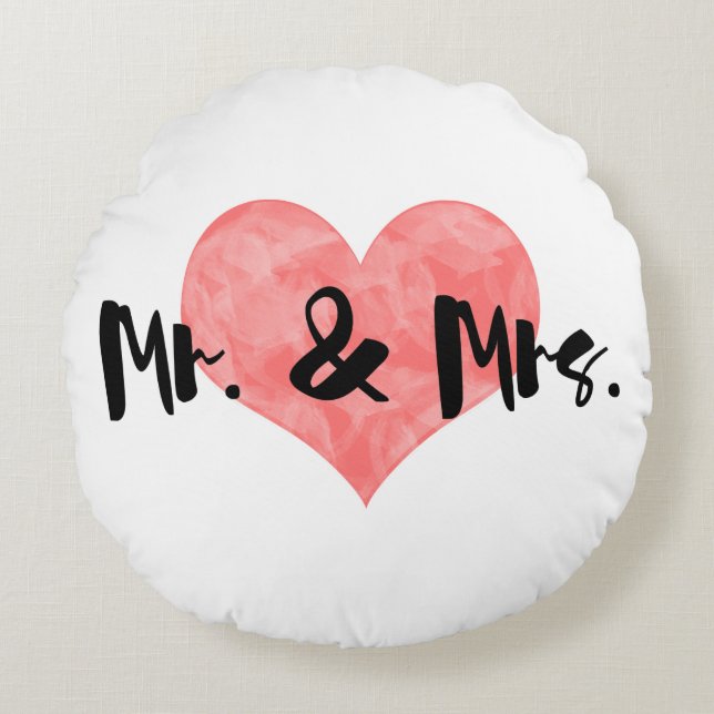 Stamped Heart Rustic Mr & Mrs Round Cushion (Front)