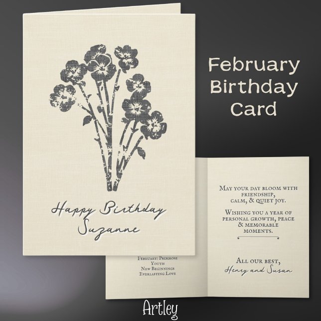 Stamped Primrose February Birth Flower Linen Card (Creator Uploaded)