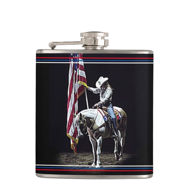 Stampede Prayers (red, white & blue border) Hip Flask (Front)