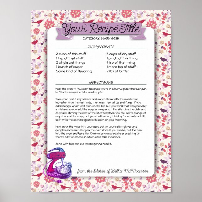 Stand mixer custom cookbook recipe letterhead post poster (Front)