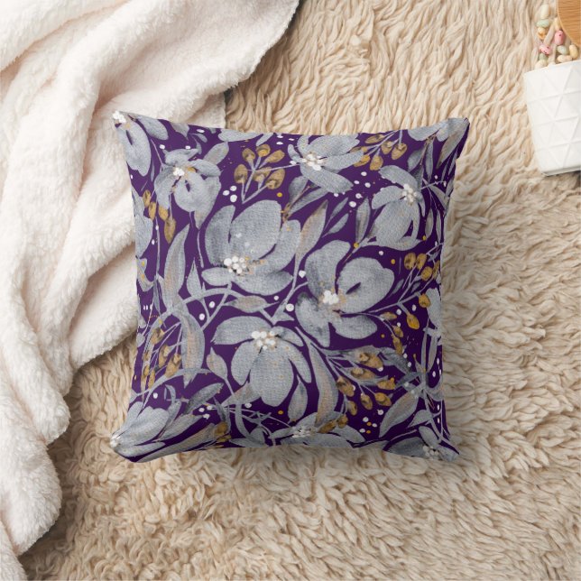 Stand Out-Silver and Gold Floral on Purple Artisan Cushion (Blanket)
