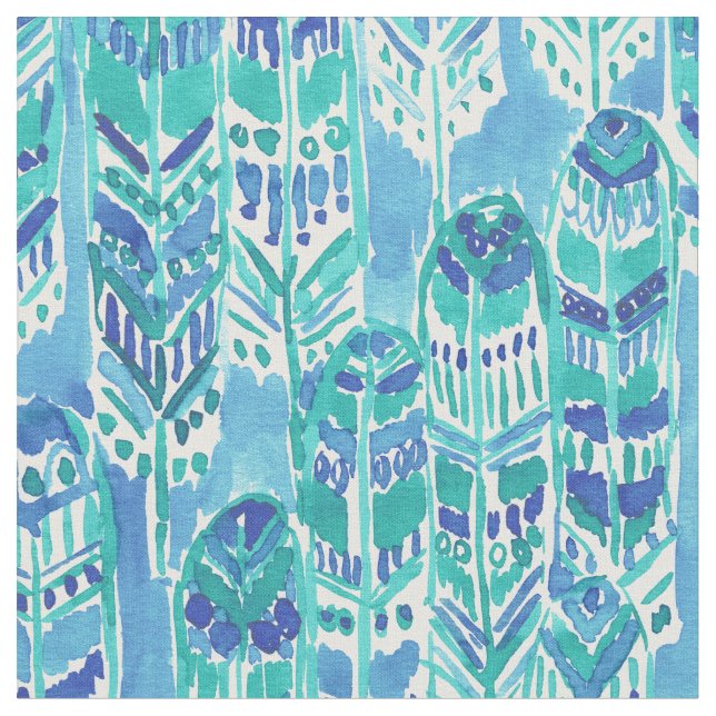 STAND TALL Aqua Tribal Boho Chic Feathers Fabric (Close Up)
