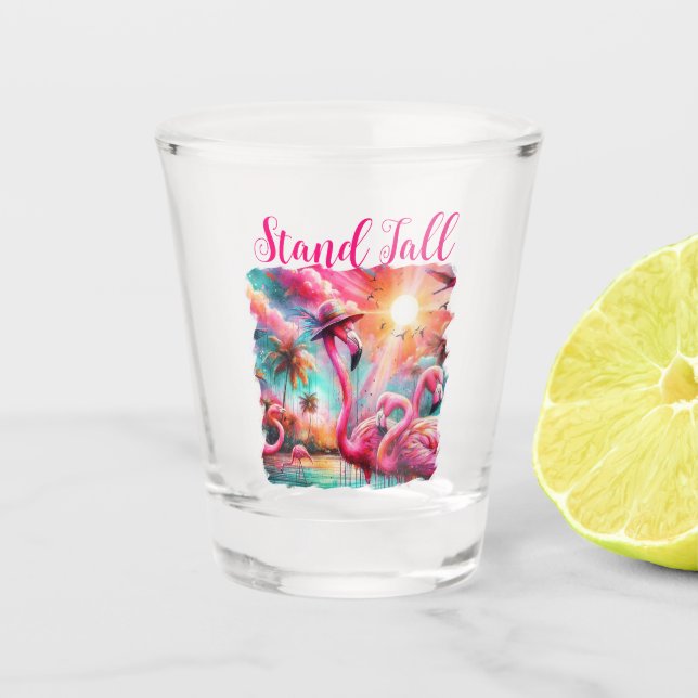 Stand Tall Tropical Pink Flamingos Palm Trees Sun  Shot Glass (Front)
