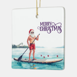 Stand-Up Paddle Santa — Coastal Christmas Holiday Ceramic Ornament