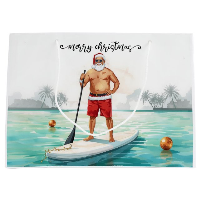 Stand-Up Paddle Santa — Coastal Christmas Holiday Large Gift Bag (Front)