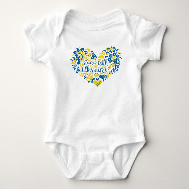 Stand with Ukraine lettering and heart Baby Bodysuit (Front)