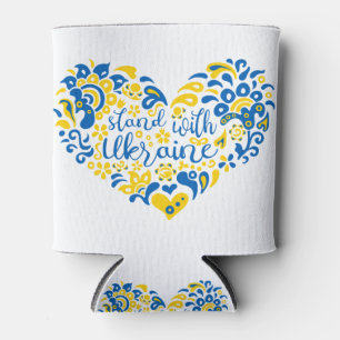 Stand with Ukraine lettering and heart Can Cooler