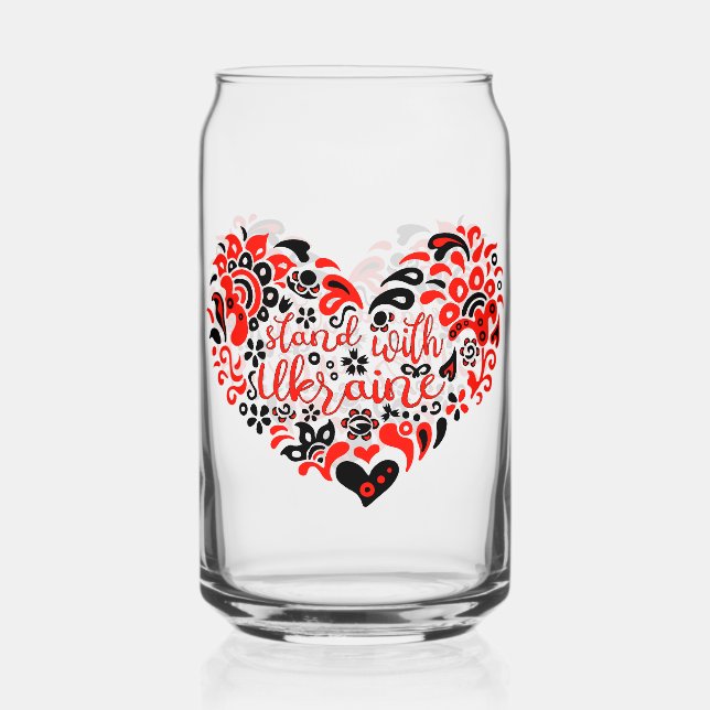 Stand with Ukraine lettering and heart Can Glass (Front)