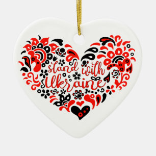 Stand with Ukraine lettering and heart Ceramic Ornament