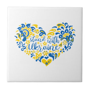 Stand with Ukraine lettering and heart  Ceramic Tile