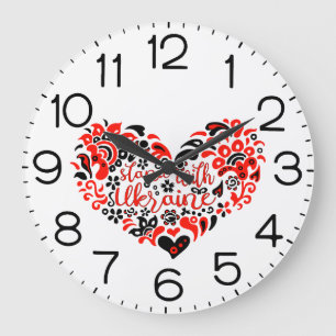 Stand with Ukraine lettering and heart Large Clock