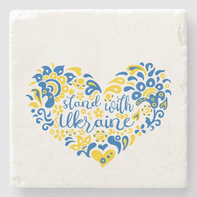 Stand with Ukraine lettering and heart Stone Coaster (Front)