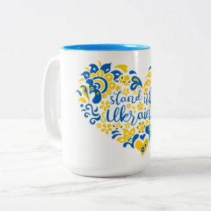 Stand with Ukraine lettering and heart Two-Tone Coffee Mug