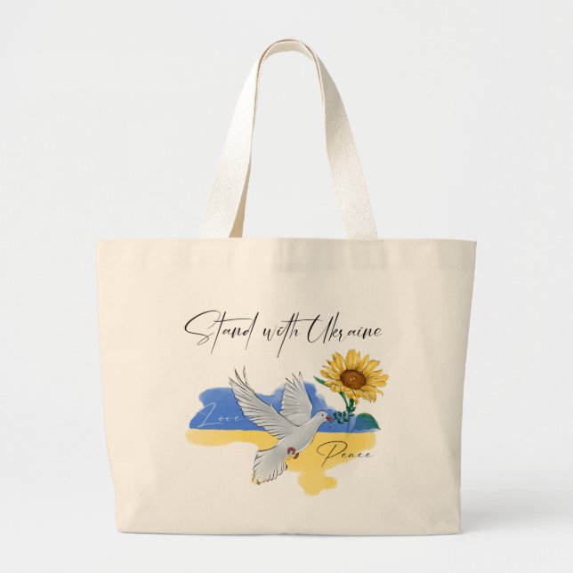Stand with Ukraine Peace Love Sunflowers Dove Large Tote Bag (Front)