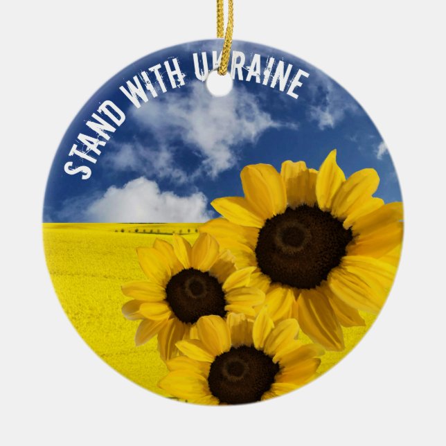 Stand with Ukraine yellow and blue with sunflowers Ceramic Ornament (Front)