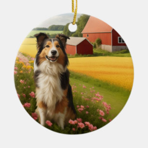 Standard Collie on Farm Ceramic Ornament