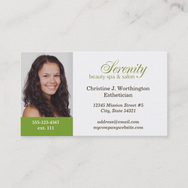 Standard green custom headshot company logo business card (Front)