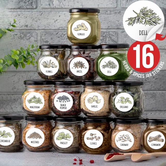 Standard Kitchen Spices Dried Herb Round - PART 1 (Modern cooking kitchen culinary herbs home jar hom sticker, seasoning garden herbs jar spices)