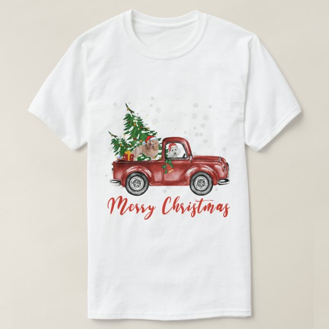 Standard Poodle Dog Riding Red Truck Christmas T-Shirt (Design Front)