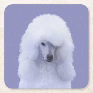 Standard Poodle White Painting - Original Dog Art Square Paper Coaster