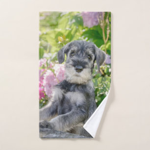 Standard Schnauzer Puppy in a Flowering Garden - Bath Towel Set