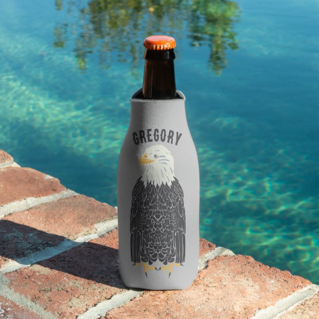 Standing Bald Eagle Illustration Personalised Bottle Cooler (In Situ Pool)