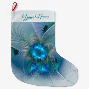 Standing Ovations, Abstract Blue Fractal Own Name Large Christmas Stocking