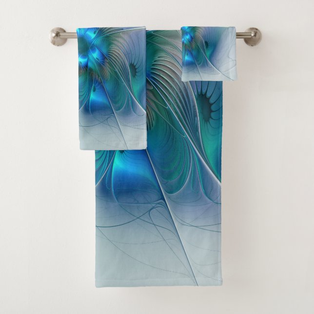 Standing Ovations, Abstract Blue Turquoise Fractal Bath Towel Set (Insitu)