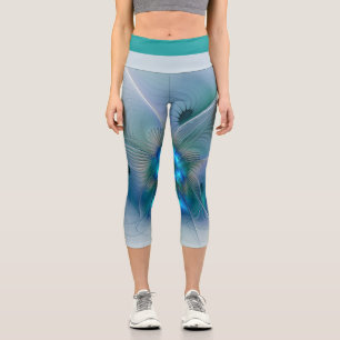 Standing Ovations, Abstract Blue Turquoise Fractal Capri Leggings