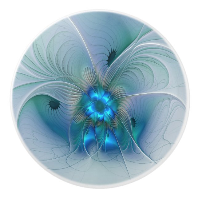 Standing Ovations, Abstract Blue Turquoise Fractal Ceramic Knob (Front)