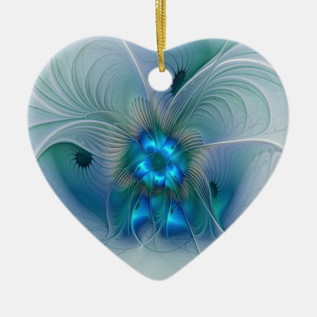 Standing Ovations, Abstract Blue Turquoise Fractal Ceramic Ornament (Front)