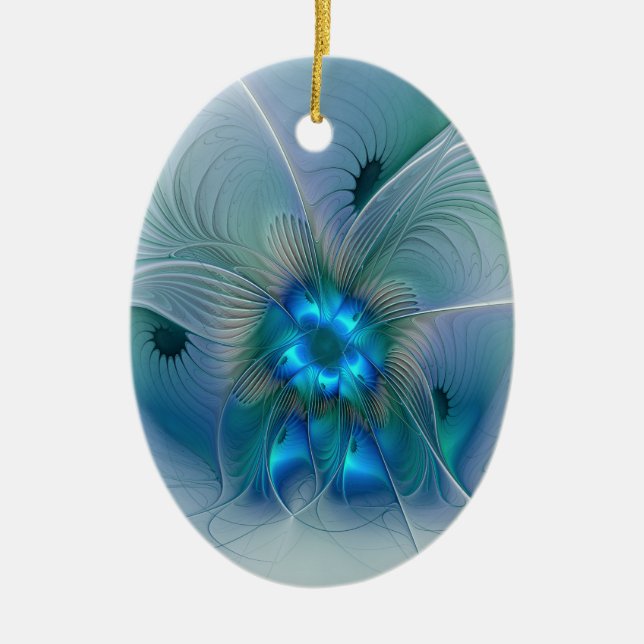 Standing Ovations, Abstract Blue Turquoise Fractal Ceramic Ornament (Front)