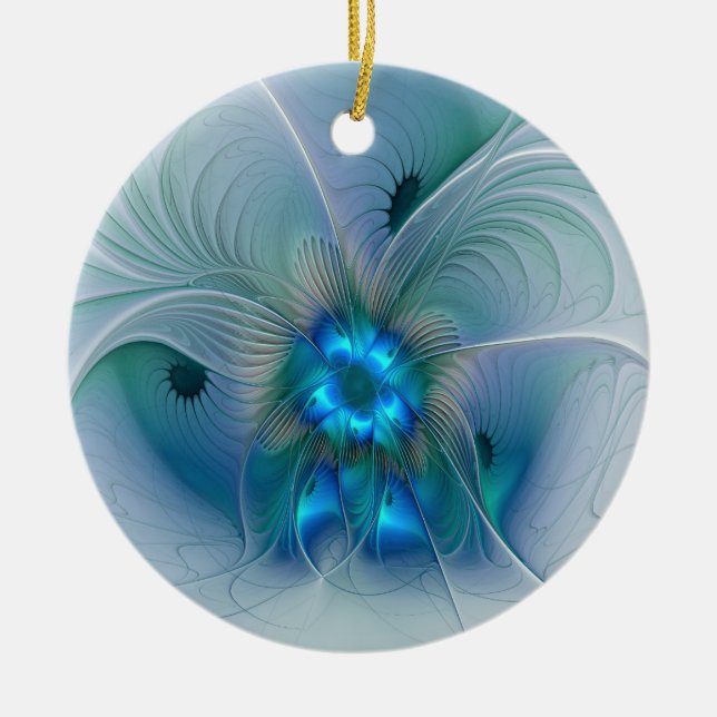 Standing Ovations, Abstract Blue Turquoise Fractal Ceramic Ornament (Front)