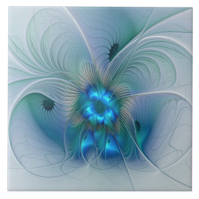 Standing Ovations, Abstract Blue Turquoise Fractal Ceramic Tile (Front)