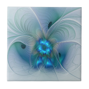 Standing Ovations, Abstract Blue Turquoise Fractal Ceramic Tile