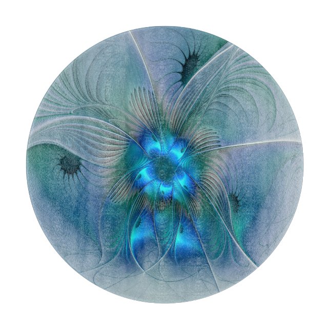 Standing Ovations, Abstract Blue Turquoise Fractal Cutting Board (Front)