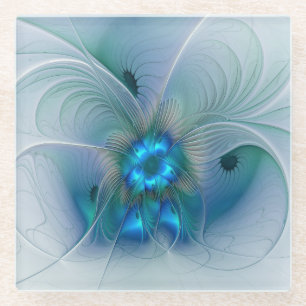 Standing Ovations, Abstract Blue Turquoise Fractal Glass Coaster