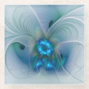 Standing Ovations, Abstract Blue Turquoise Fractal Glass Coaster
