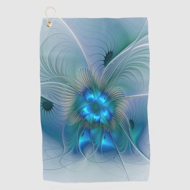 Standing Ovations, Abstract Blue Turquoise Fractal Golf Towel (Front)