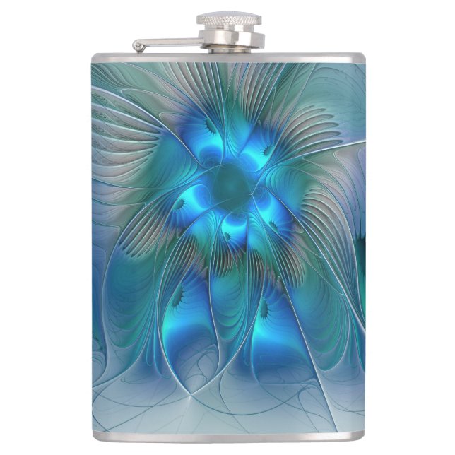 Standing Ovations, Abstract Blue Turquoise Fractal Hip Flask (Front)