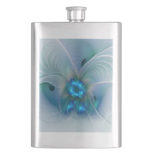 Standing Ovations, Abstract Blue Turquoise Fractal Hip Flask