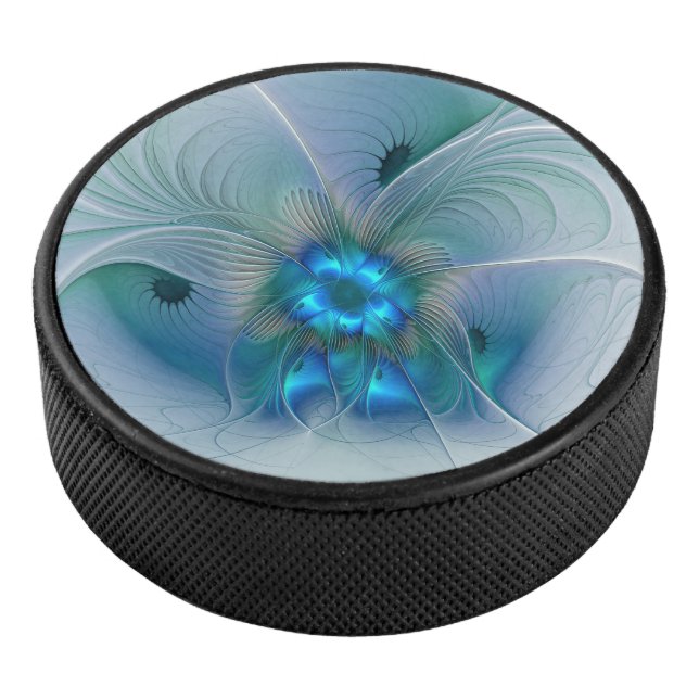 Standing Ovations, Abstract Blue Turquoise Fractal Hockey Puck (3/4)