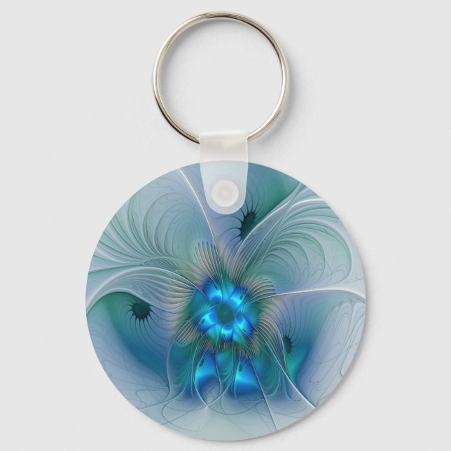 Standing Ovations, Abstract Blue Turquoise Fractal Key Ring (Front)