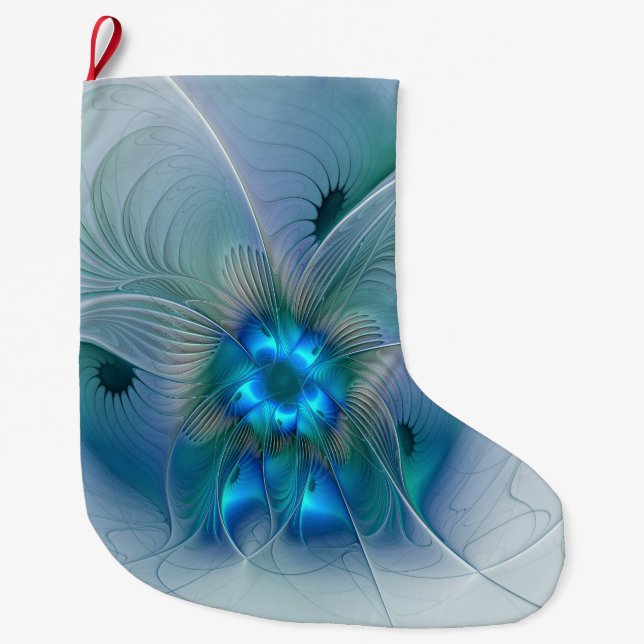 Standing Ovations, Abstract Blue Turquoise Fractal Large Christmas Stocking (Front)