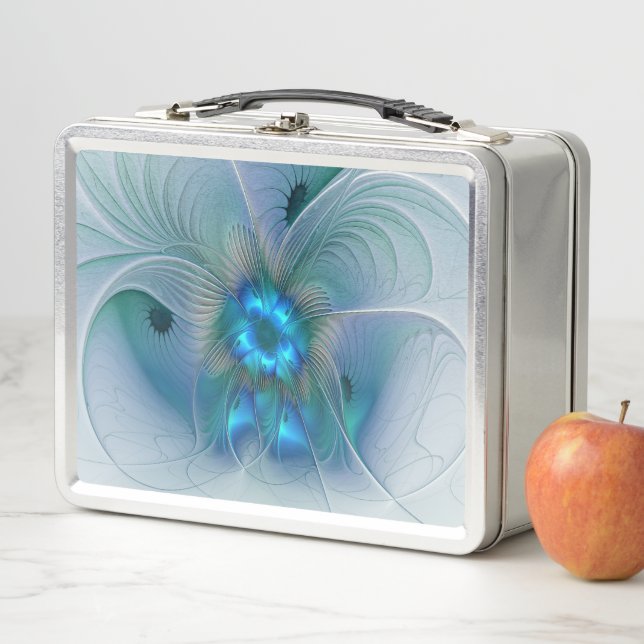Standing Ovations, Abstract Blue Turquoise Fractal Metal Lunch Box (In Situ)
