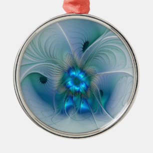 Standing Ovations, Abstract Blue Turquoise Fractal Metal Ornament