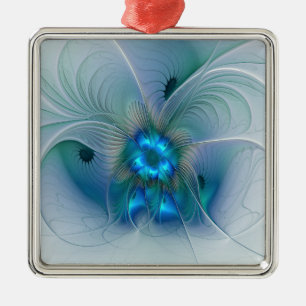 Standing Ovations, Abstract Blue Turquoise Fractal Metal Ornament